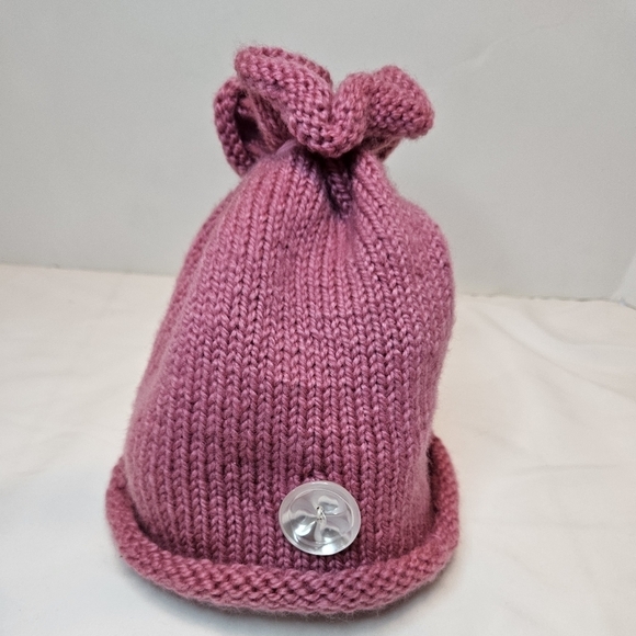 Hand Crafted Mauve Pink Hand knit Beanie Unisex Handmade crochet cap floral top - Picture 8 of 17